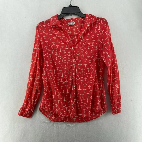 Old Navy Button-Up Shirt Women's Sz XS Red Anchor Print Collared Long Sleeves - Picture 1 of 11